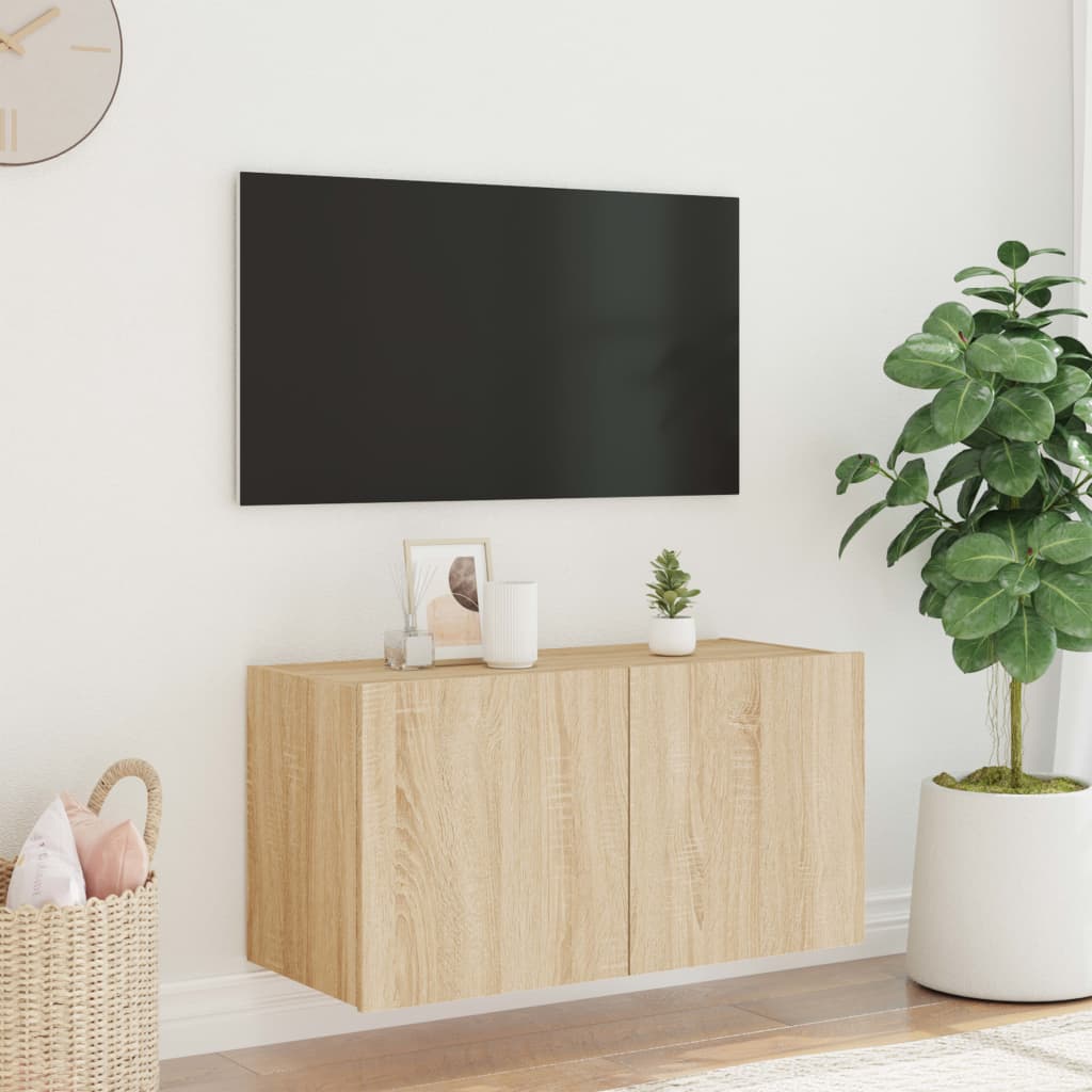 Wall-mounted TV cabinet with LED lights, sonoma oak, 80x35x41 cm