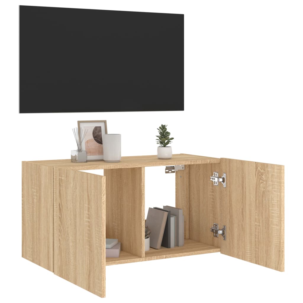 Wall-mounted TV cabinet with LED lights, sonoma oak, 80x35x41 cm