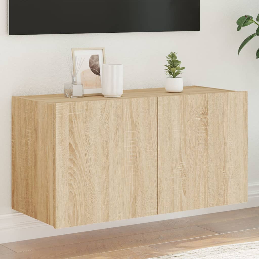 Wall-mounted TV cabinet with LED lights, sonoma oak, 80x35x41 cm