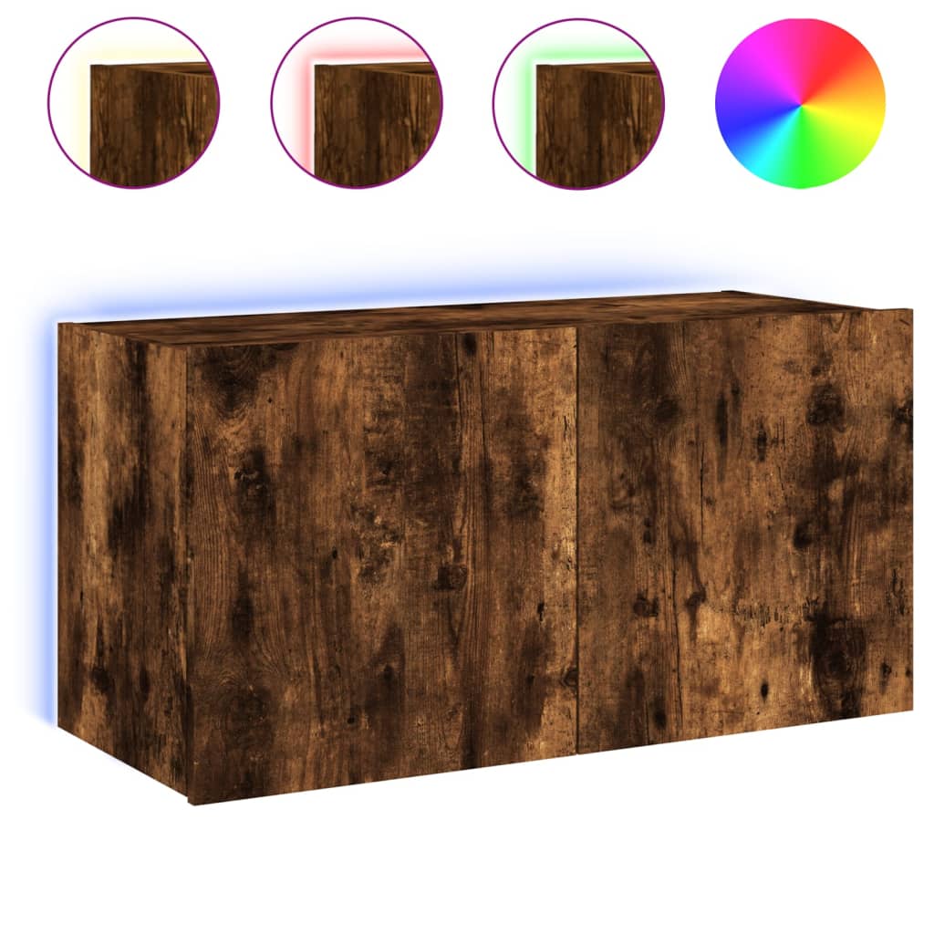 Wall-mounted TV cabinet with LED lights, smoky oak, 80x35x41 cm