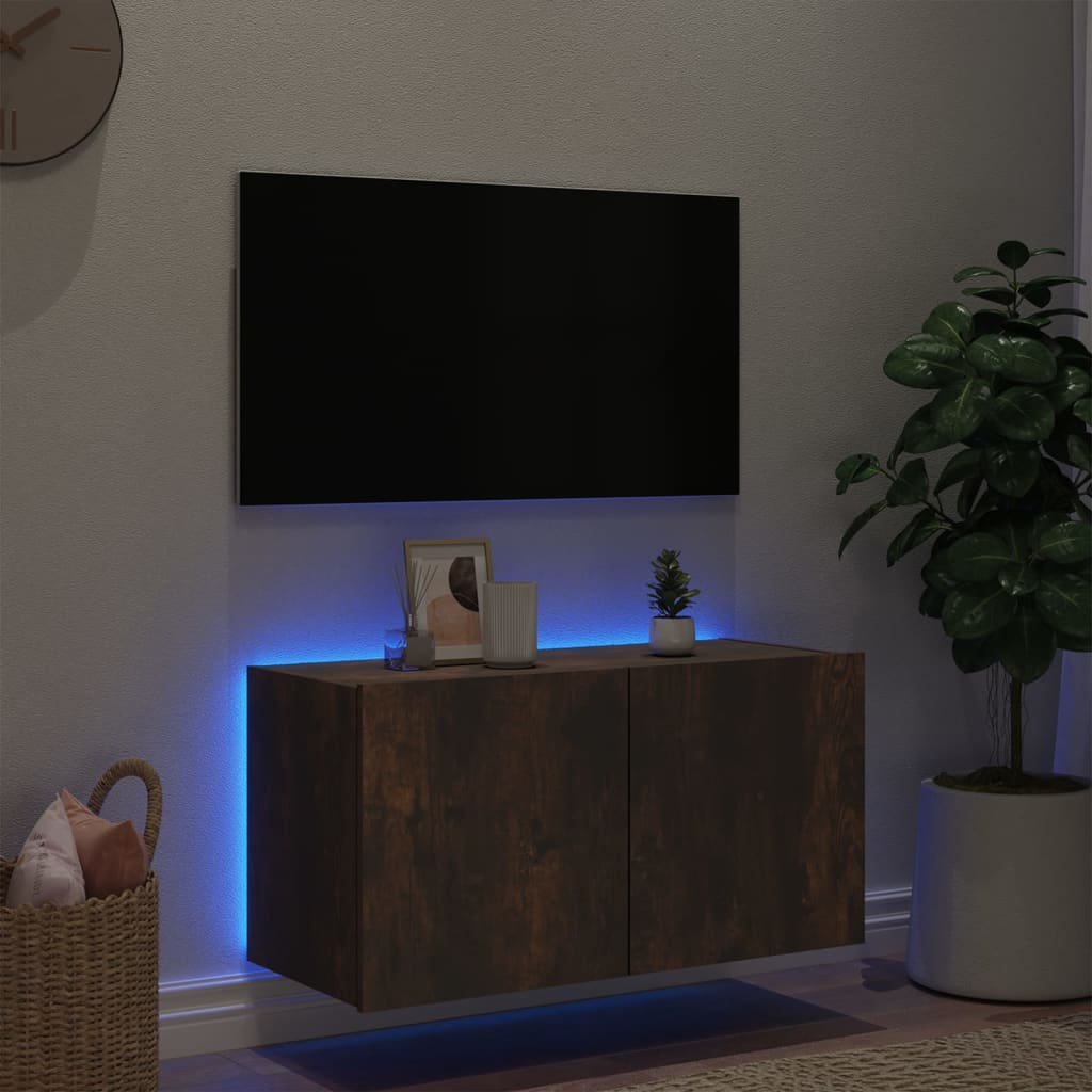 Wall-mounted TV cabinet with LED lights, smoky oak, 80x35x41 cm