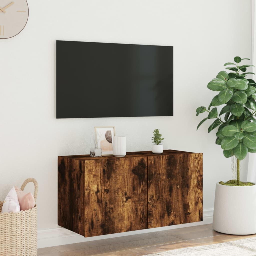 Wall-mounted TV cabinet with LED lights, smoky oak, 80x35x41 cm