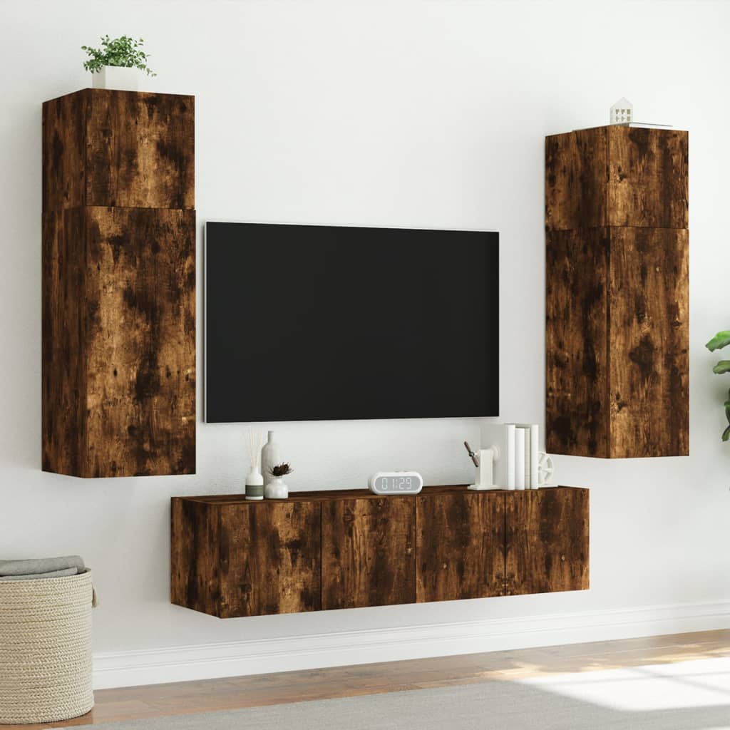 Wall-mounted TV cabinet with LED lights, smoky oak, 80x35x41 cm