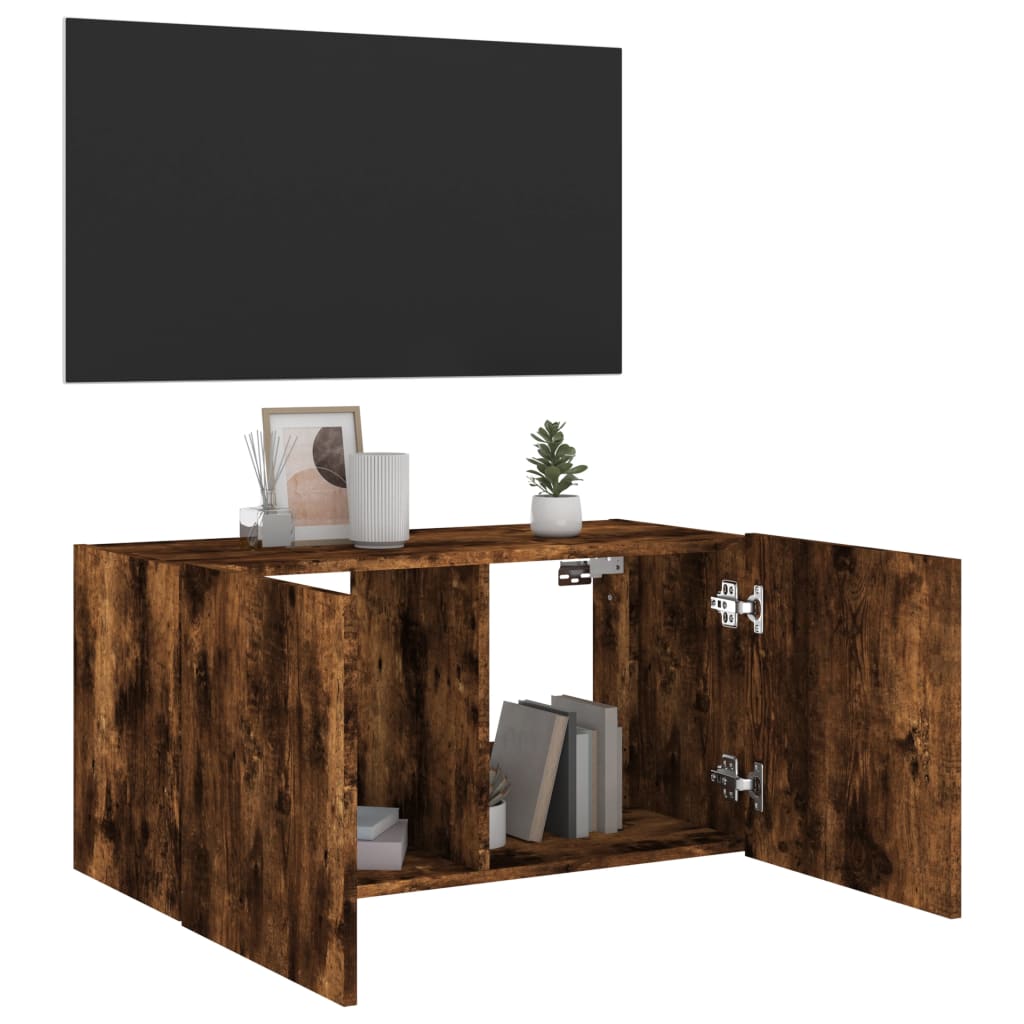 Wall-mounted TV cabinet with LED lights, smoky oak, 80x35x41 cm