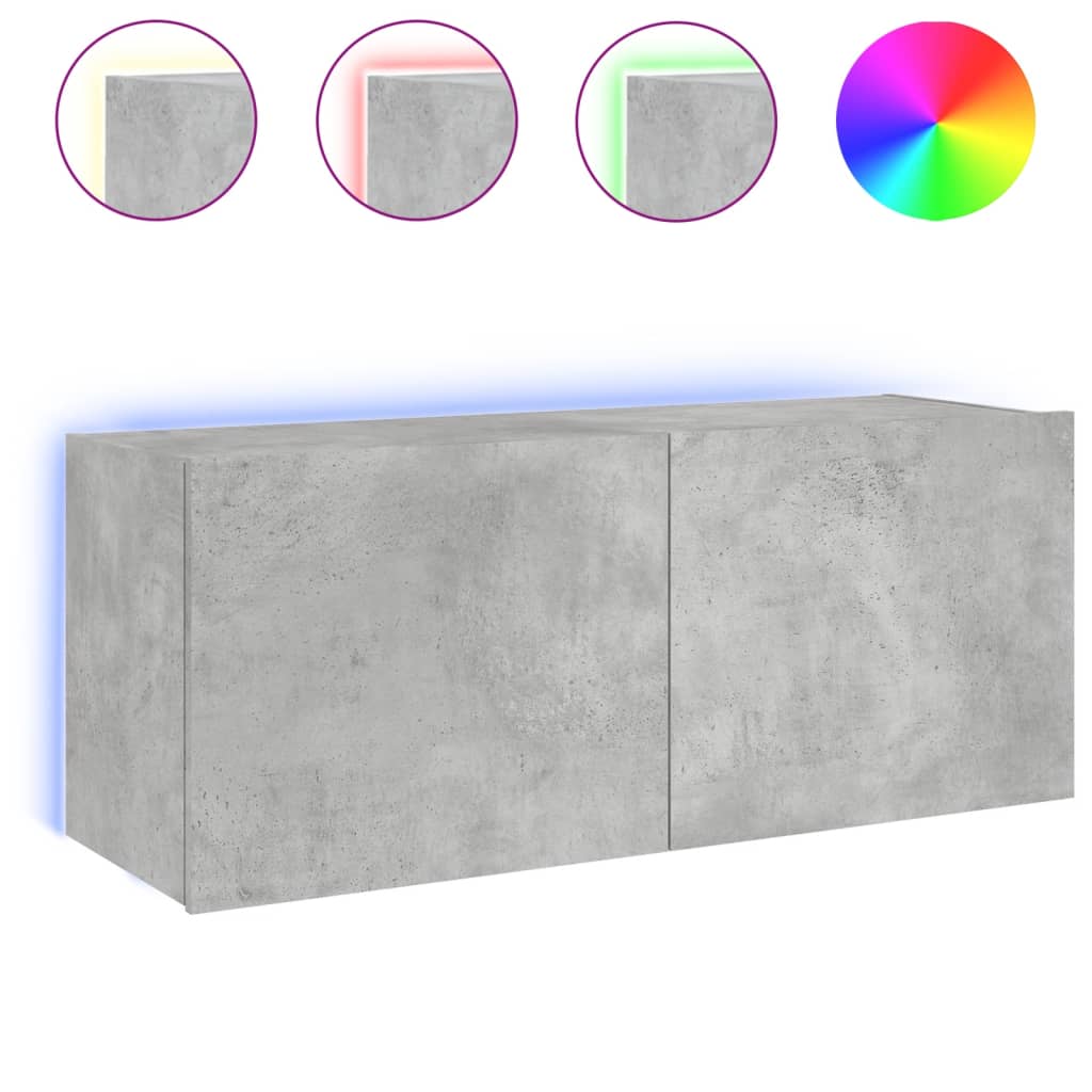 Wall-mounted TV cabinet with LED lights, concrete gray, 100x35x41 cm