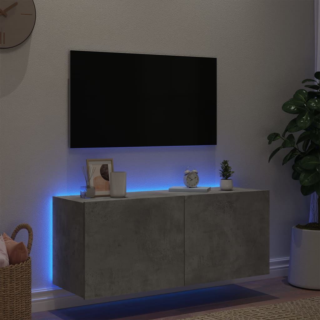 Wall-mounted TV cabinet with LED lights, concrete gray, 100x35x41 cm