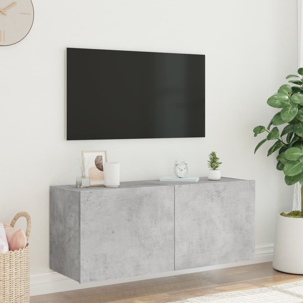 Wall-mounted TV cabinet with LED lights, concrete gray, 100x35x41 cm