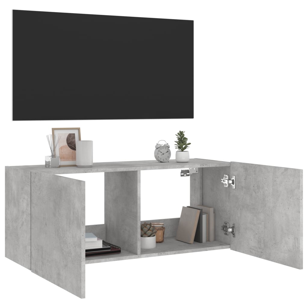 Wall-mounted TV cabinet with LED lights, concrete gray, 100x35x41 cm