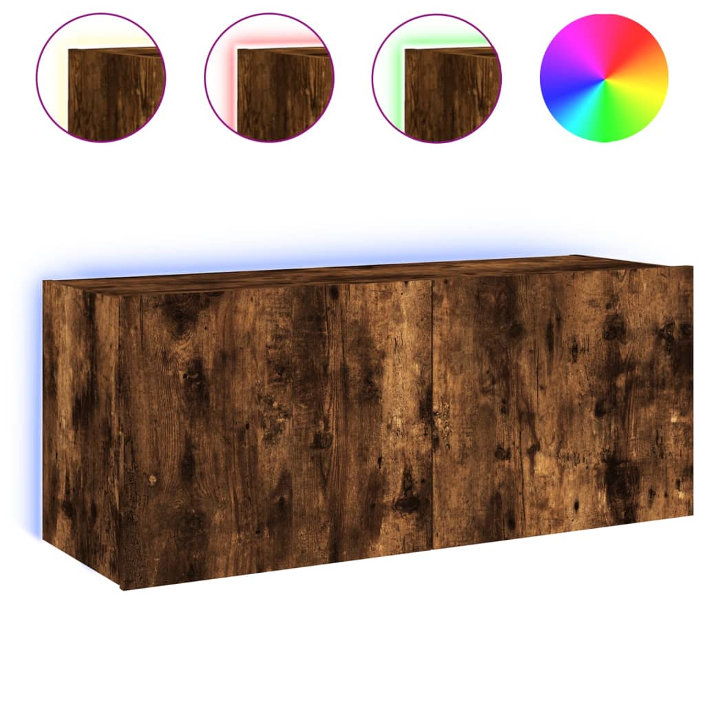 Comodă TV de perete cu lumini LED, stejar fumuriu, 100x35x41 cm