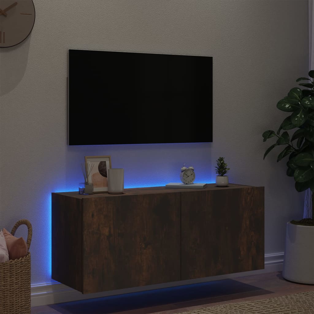 Comodă TV de perete cu lumini LED, stejar fumuriu, 100x35x41 cm