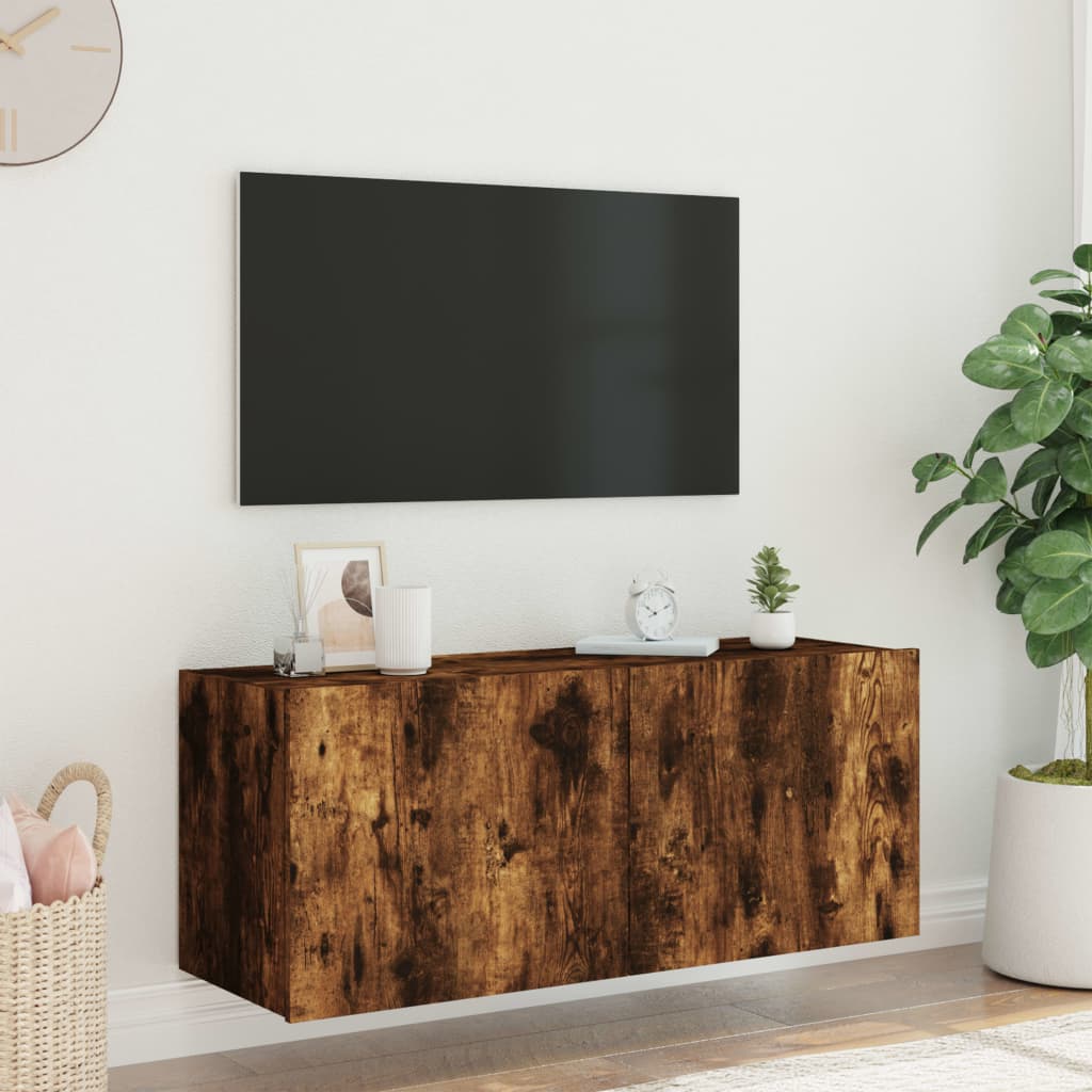 Comodă TV de perete cu lumini LED, stejar fumuriu, 100x35x41 cm