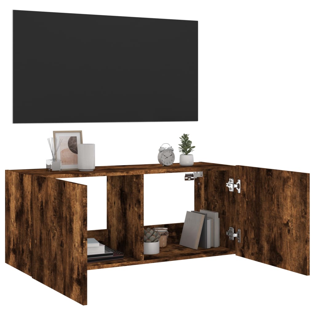 Comodă TV de perete cu lumini LED, stejar fumuriu, 100x35x41 cm