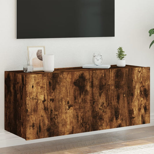 Comodă TV de perete cu lumini LED, stejar fumuriu, 100x35x41 cm