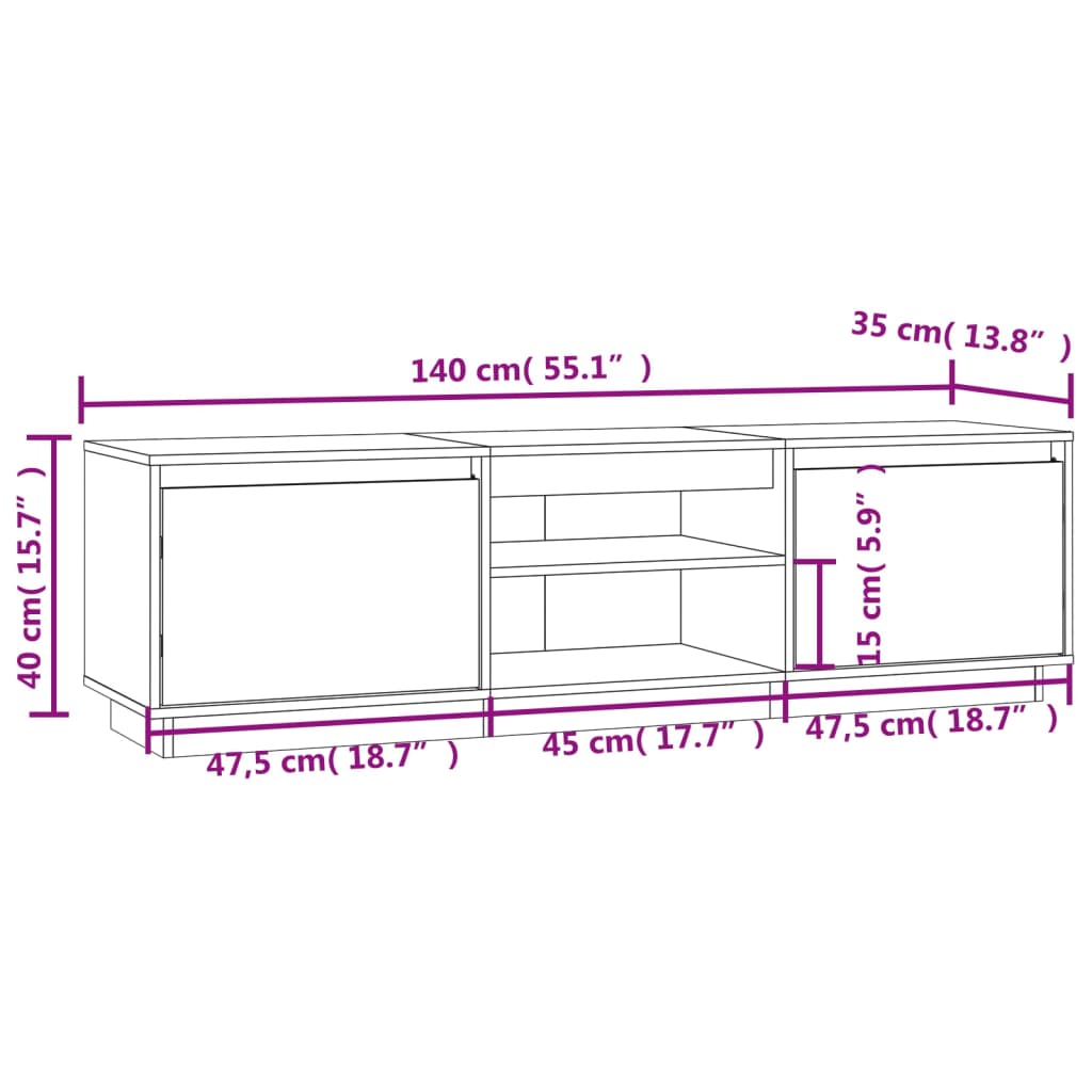 TV chest, white, 140x35x40 cm, solid pine wood