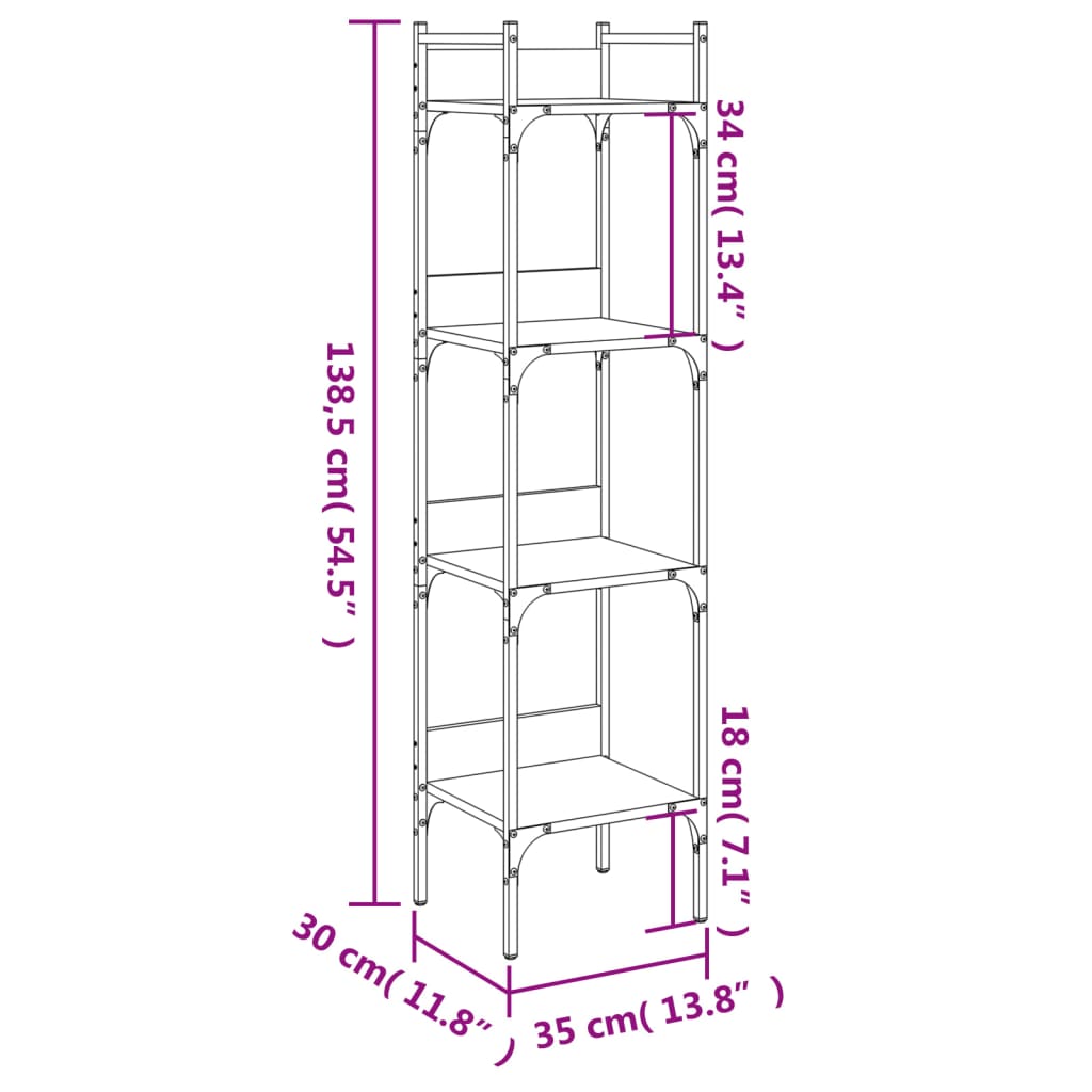 Bookcase 4 levels, smoky oak, 35x30x138.5 cm
