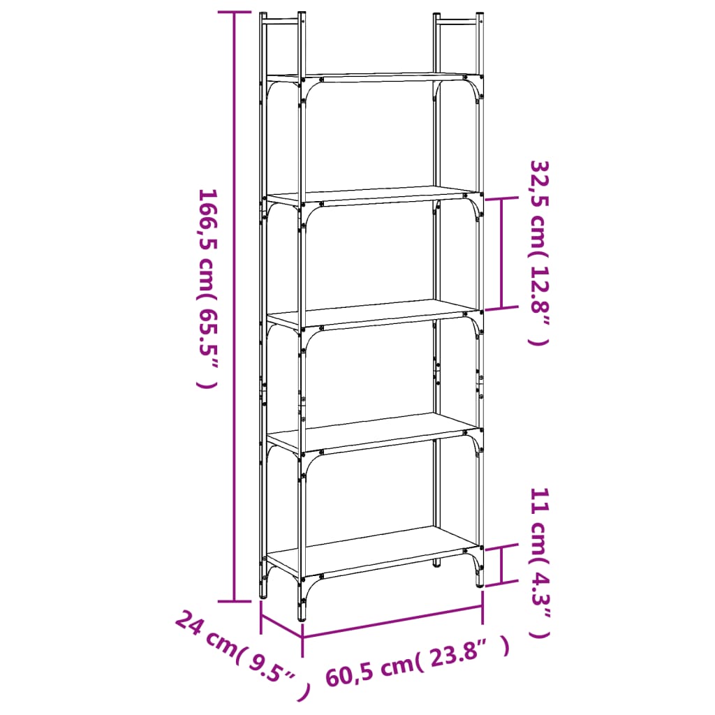 Bookcase 5 levels, sonoma oak, 60.5x24x166.5 cm