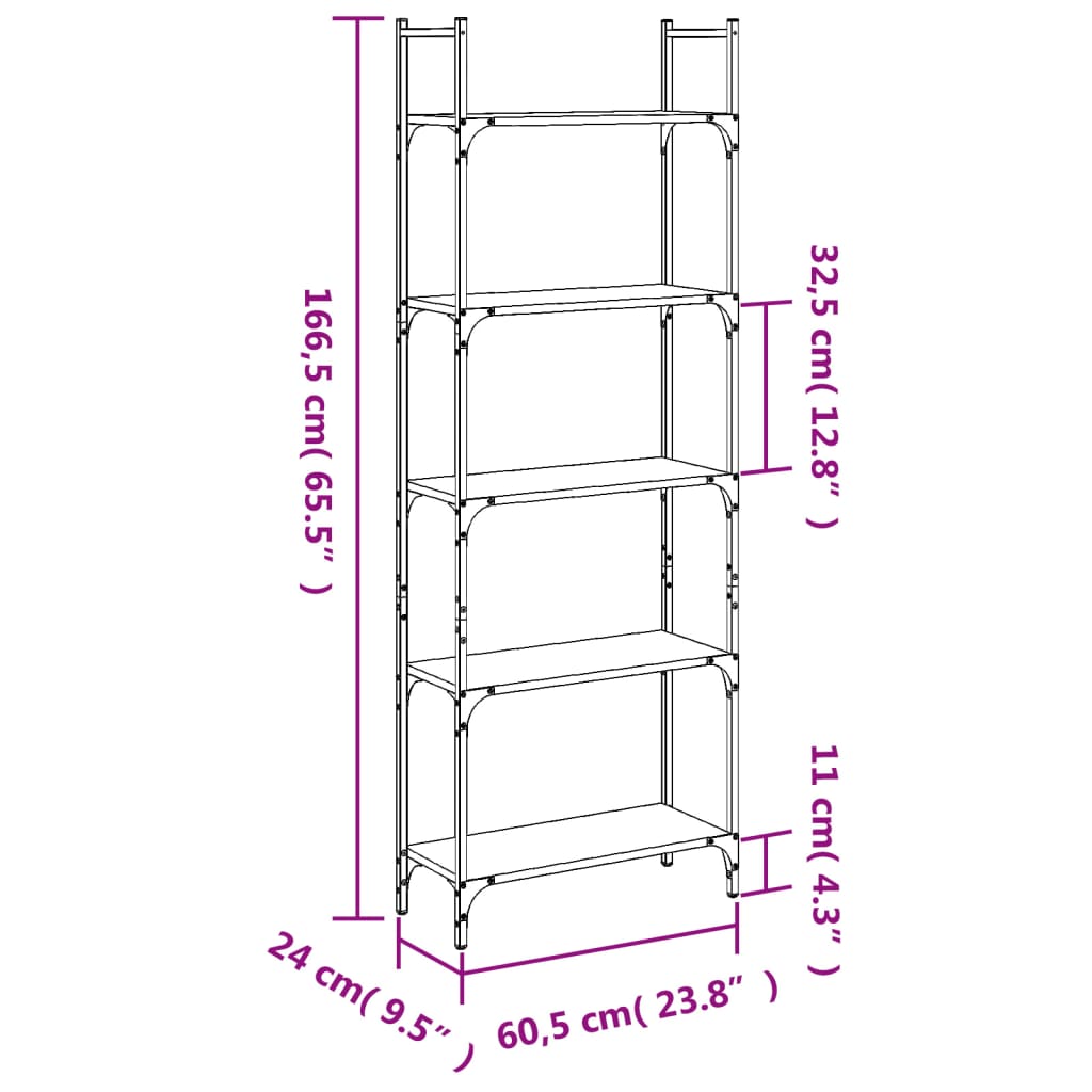 Bookcase 5 levels, smoky oak, 60.5x24x166.5 cm
