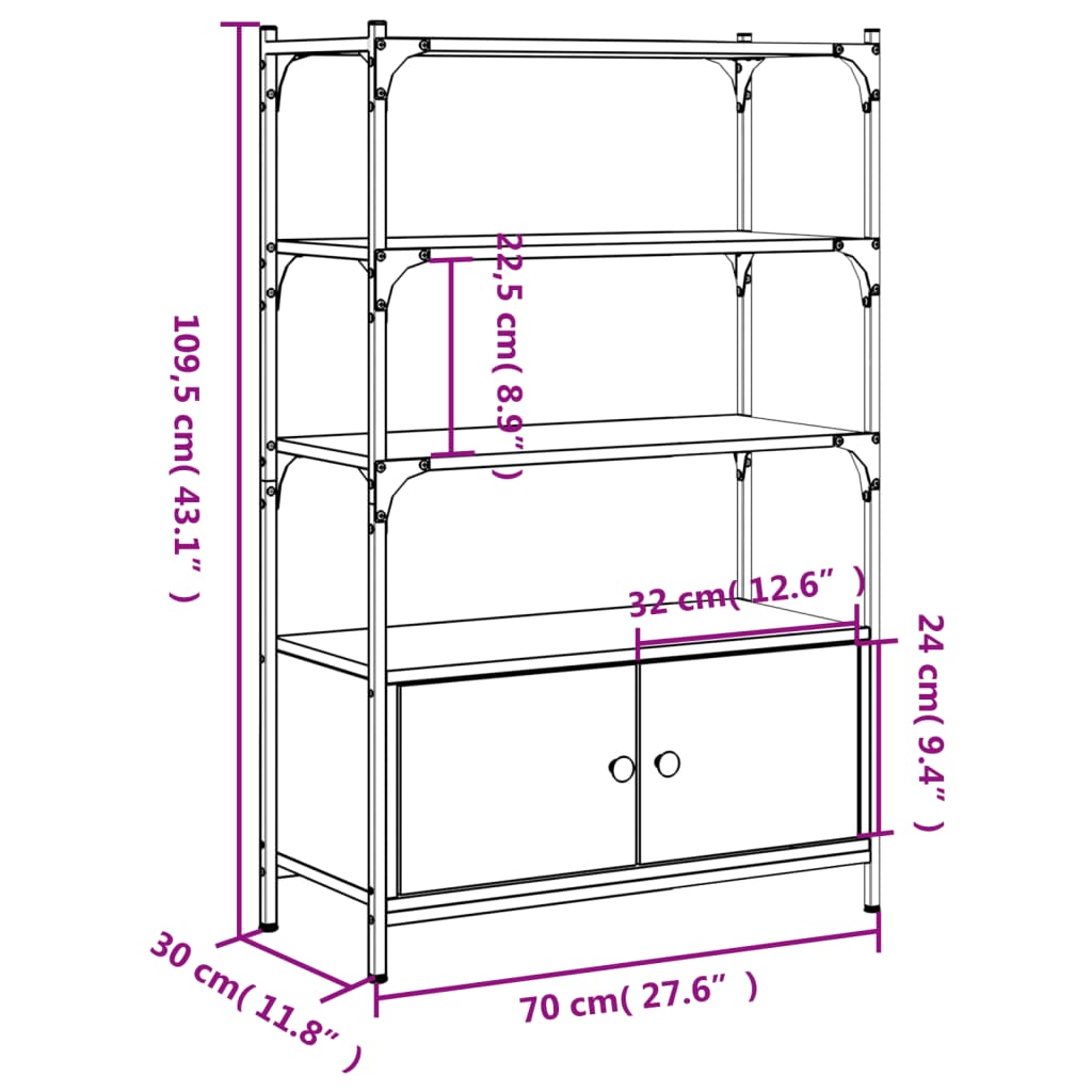 Bookcase 3 levels sonoma gray 70x30x109.5 cm, processed wood