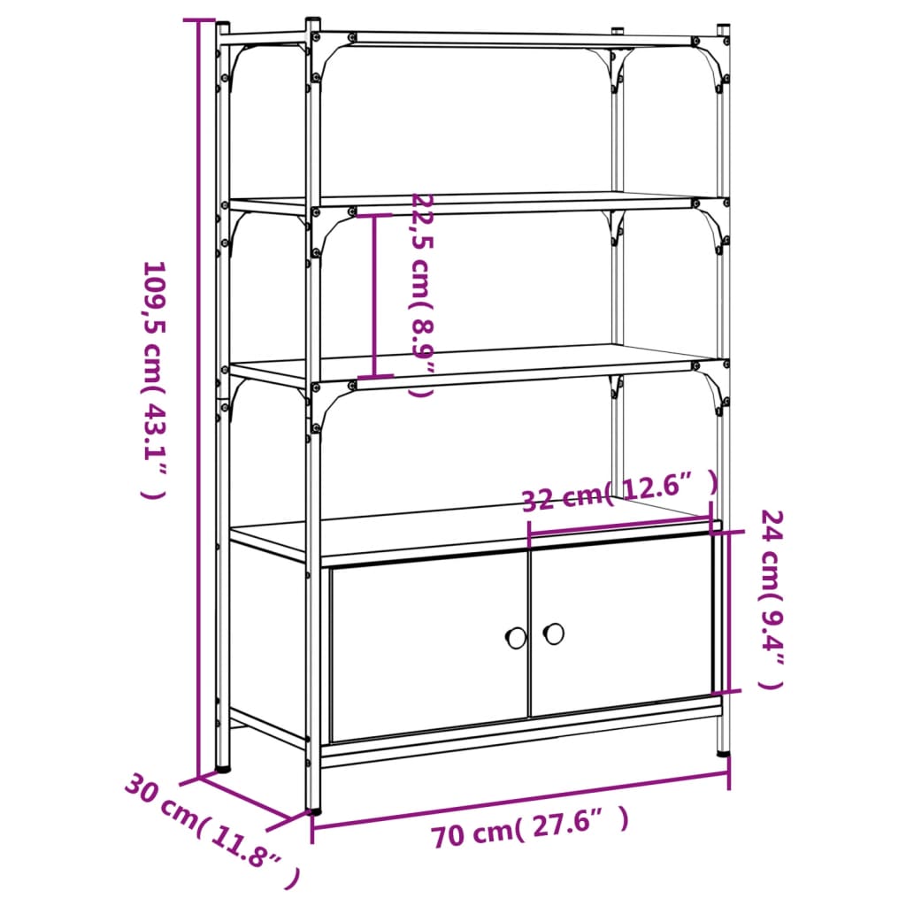 Bookcase 3 levels brown oak 70x30x109.5 cm processed wood